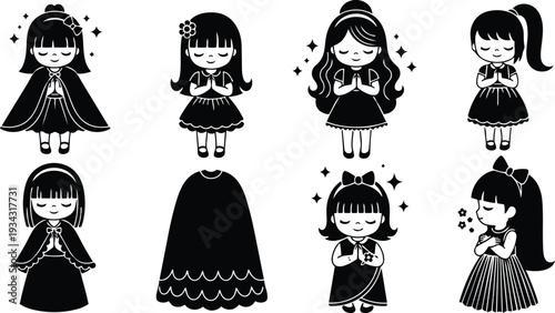 Flat black silhouette close up eight praying girls characters arranged in rows with bows dresses and closed eyes cute minimalist sticker sheet vector art child icons