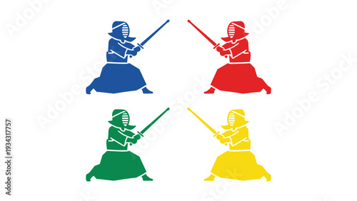 Four warriors with colored robes and swords in dynamic poses