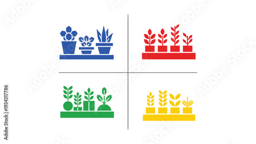 Four colorful icons representing different types of agriculture and gardening activities