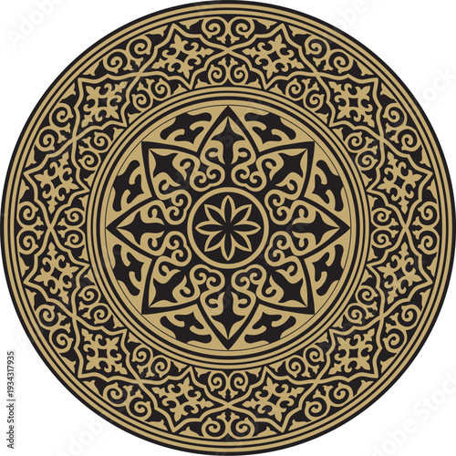 Kazakh national round gold and black ornament frame. Ethnic pattern. The circle ring reflects nomadic culture. Suitable for design and textiles.