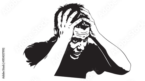 Frustrated woman with hands on head in monochrome illustration for mental health