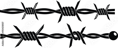 Graphic black barbed wire close up two parallel strands twisted sharp barbs high contrast silhouette isolated on white background security boundary concept vector illustration bold minimal