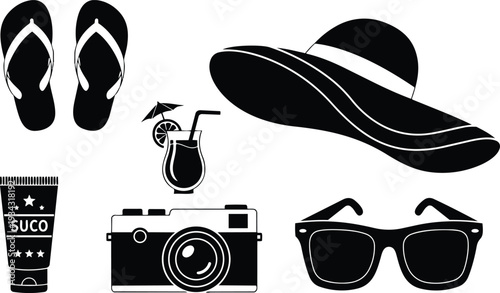 Stylized vector flat beach accessories overhead view sun hat sunglasses flip flops camera sunscreen tube cocktail with umbrella summer travel vacation packing minimal black flat layout