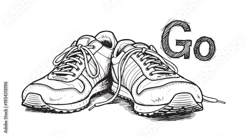 Running shoes in sketchy illustration with motivational word Go in black and white for sports marketing
