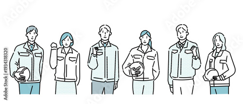 男性と女性のグループー作業服を着てヘルメットを持つ男女ー倉庫、工業系ビジネスイラスト素材