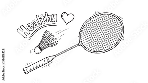 Badminton racket and shuttlecock in hand drawn illustration with healthy lifestyle theme in black and white for sports equipment advertising