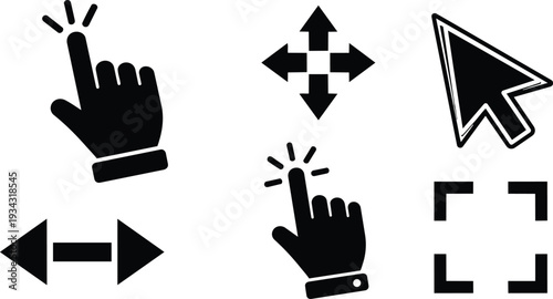 Flat black cursor and hand click icons close up isolated on white background set showing pointer arrow tap gesture drag move and expand controls interface symbols