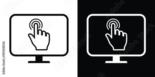 Touch screen monitor icon with a hand gesture. Vector illustration of a finger tapping a computer display, available in black and white versions for UI/UX design and digital interaction.