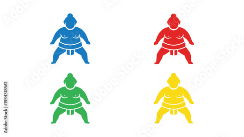 Four sumo wrestlers depicted in different colored traditional attire standing on a plain background