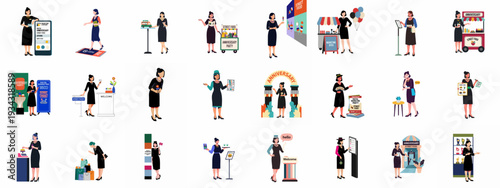 Collection of illustrations depicting women organizing and attending digital marketing anniversary events featuring street food, welcome desks, awards, and various promotional activities.