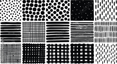 Hand drawn grunge pattern grid of brush strokes dots and stripes in black and white close up top down view varied mark making organic texture design