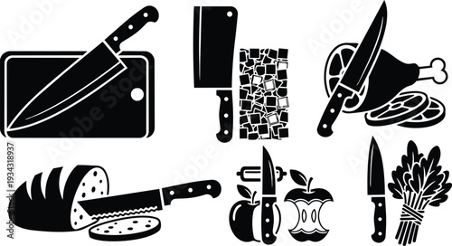 Black kitchen knife icons set close up various blades slicing bread ham apples and herbs on cutting board top view bold silhouette graphic food prep utensils