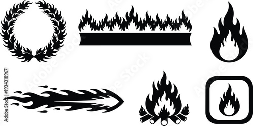 Silhouette flame icon set arranged in grid with laurel wreath campfire fire trail rounded badge close up vector illustration flat black on white high contrast bold