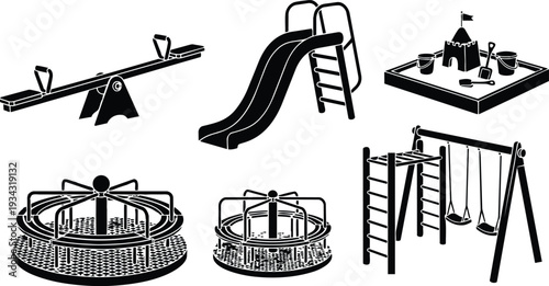 Minimalist black playground icons showing seesaw slide sandbox swings climbing frame carousel roundabout isolated on white background vector illustration flat top view simple layout