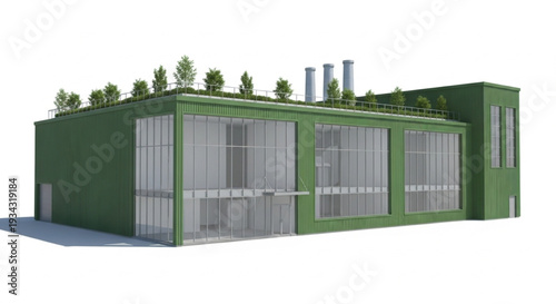 Modern Green Building with Rooftop Garden and Large Windows.