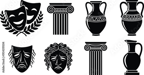 Classical black silhouette theater masks happy and sad with laurel wreath greek amphora two handled vases ionic columns close up flat graphic icons studio style vector