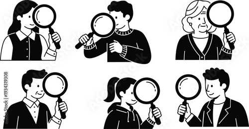 Flat line art close up diverse people holding magnifying glass looking at camera and inspecting details in teamwork investigation concept black white minimalist simple icons vector