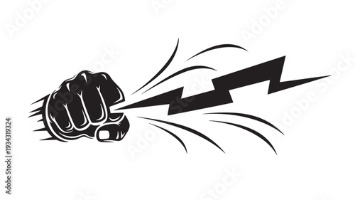 Fist punching through with lightning bolt in dramatic black and white illustration for graphic design