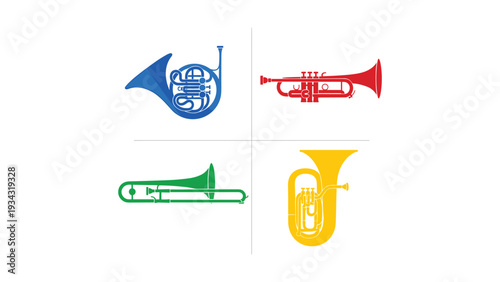 Four distinct musical instruments from the brass family illustrated in vibrant colors