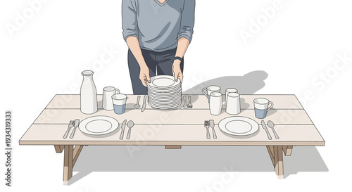 Person Setting Table for Meal, Picnic Table with Plates, Cups, and Utensils