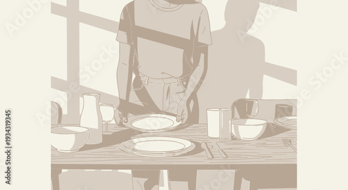 Person Setting Table with Plates and Bowls, Sunlight Shadows