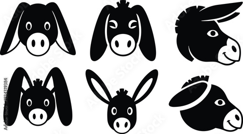 Minimalist donkey head icon set showing six front and profile variations with different ear positions facial expressions and bold black silhouette style