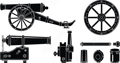 Vintage naval cannon side view dismantled carriage wheel barrel fittings arranged studio flat layout black silhouette on white background detailed parts top view close up schematic