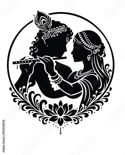 Lord Krishna Playing Flute with Radha.