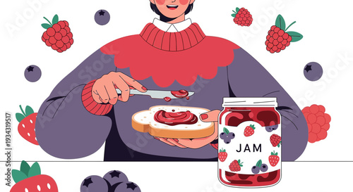 Person Spreading Berry Jam on Toast with Jar, Surrounded by Fresh Berries and Leaves