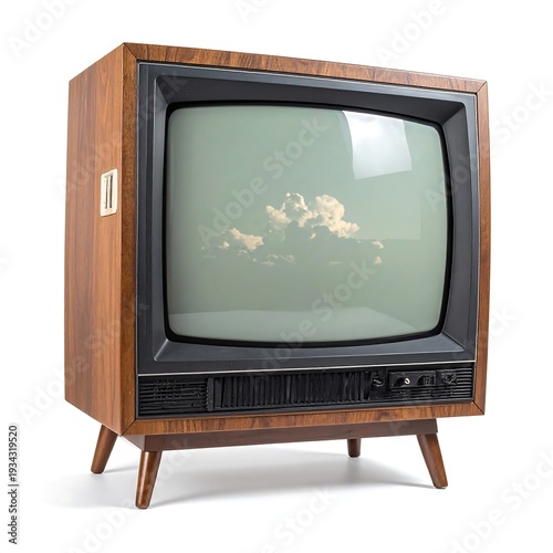 An angled, vintage television with a wooden cabinet and legs. The screen shows clouds against a pale sky