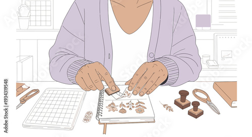Person Stamping Floral Designs in Notebook