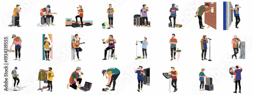 A series of illustrations depicting a young male musician's life backstage, preparing for a show, performing, and handling equipment with a casual, indie rock vibe.