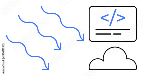 Cloud services, data transfer, app development, programming, cloud storage, technology infrastructure. Arrows pointing to a cloud with coding symbol. Cloud services and data transfer concept