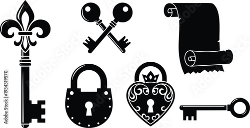 Vintage silhouette keys and locks close up ornate heart padlock fleur key crossed skeleton keys antique scroll paper isolated black and white graphic icons vector set