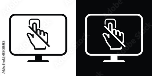 Monitor icon with a hand gesture crossed out by a diagonal line. Vector graphic representing "no touch," disabled interaction, or restricted access on a computer screen interface.