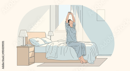 Person stretching in bed at sunrise, waking up in a bright bedroom