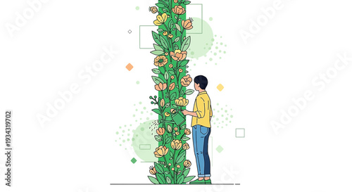 Person Tending Tall Blooming Plant with Flowers and Leaves, Growth Concept