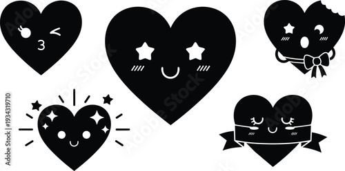 Kawaii heart icon set flat black silhouettes five cute heart faces with winking smiling star eyes ribbon and bow close up vector style isolated emotional collection