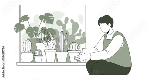 Person Tending to Potted Cacti and Plants by Window