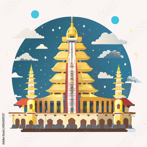 Stylized illustration of a golden Thai Buddhist temple against a starry night sky