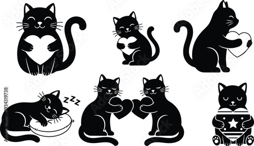 Silhouette cat set close up various poses holding heart sleeping on pillow pair exchanging hearts and baby kitten with star outfit flat black vector cute icons