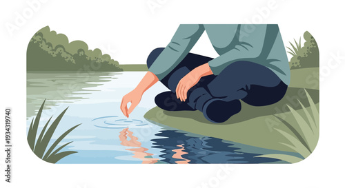 Person Touching Water Surface by Lake Shore, Reflection in Ripples