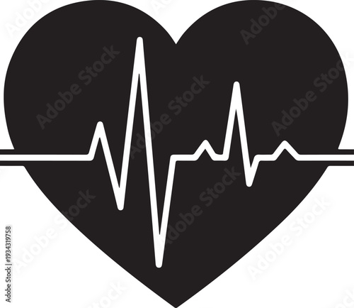 A black heart shape contains a white electrocardiogram heartbeat line, 