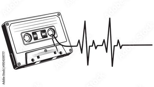 Vintage cassette tape with sound wave in black line art on white background for music nostalgia