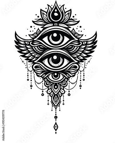 Mystical All Seeing Eye Symbol with Wings and Ornate Details.