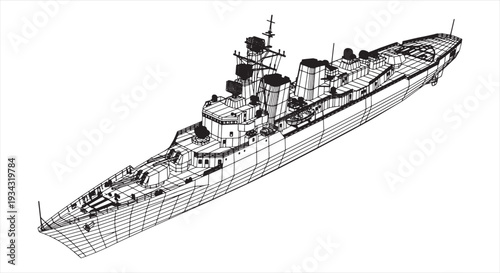 Warship Blueprint – Naval Military Vessel CAD Technical Drawing and Wireframe Model