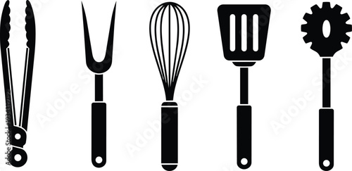 Minimalist black kitchen utensil icons row including tongs carving fork whisk spatula pasta server isolated on white background flat cookware silhouette evenly spaced stainless inspired monochrome