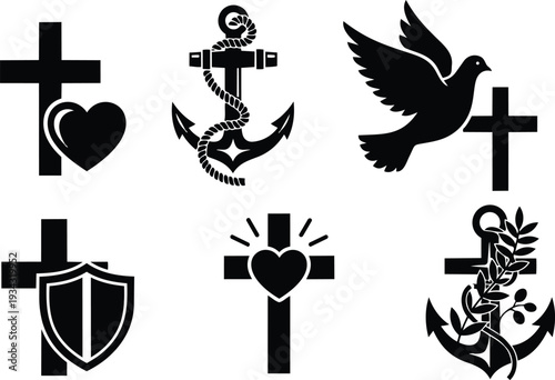 Flat black religious icon set close up six crosses anchor dove shield and heart simple silhouettes on white background high contrast vector style bold composition centered