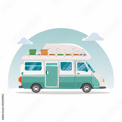 Vector illustration of a vintage camper van for a summer road trip adventure.