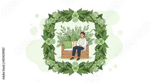 Person Relaxing on Sofa Surrounded by Lush Greenery and Floral Frame